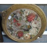 Circular beadwork embroidery panel depicting roses, within a gilded frame. 40 diameter. (B.P.