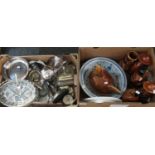 A box of assorted pottery items together with a box of metalware. Oriental plate with markings to