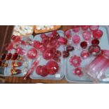 Three trays of 19th and 20th century Cranberry glassware, to include: 2 Victorian liqueur glasses