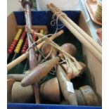 Small box of vintage toys etc. to include: child's abacas, skipping rope handles, 3 wooden