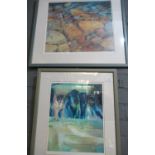 After Andrea Kelland, 'Pebble Ripples' and 'Aberbach, Dinas', coloured prints, signed in pencil by