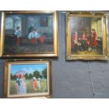 Three modern furnishing paintings to include choir boys in a crypt drinking and smoking, oils on