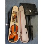Antoni model ACV30 student violin in fitted case without a cover including bow and chin piece.