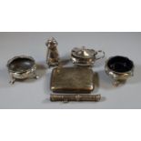 Bag of assorted silver items to include: cigarette case, pair of circular silver salts on paw