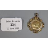 A Victorian 1893 gold half sovereign in 9ct gold pendant mount. (B.P. 21% + VAT)