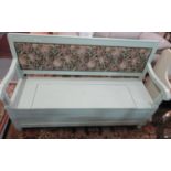 Painted pine settle with tapestry back, open arms and hinged box seat. (B.P. 21% + VAT)