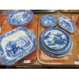 Two trays of blue and white china to include: Copeland Spode 'Italian' design bowls and 5 tea