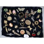 A collection of costume jewellery brooches including a shell cameo brooch, cherry brooch, dolphin