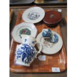 Tray with four small creamware plates, blue and white lidded chocolate cup, early Caughley Mask