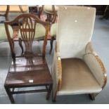 19th century oak camel back farmhouse kitchen chair together with an Art Deco design armchair. (