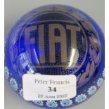 Italian automobilia paperweight with caned decoration around Fiat logo, the base marked IAB,