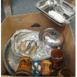 Box of assorted pottery and metalware to include: 4 brown pottery coaching scenes tankards with