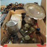 Box of assorted metalware to include: White metal pedestal plate reminiscent of an ecclesiastical