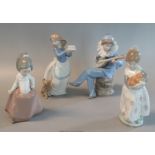 A Lladro Spanish porcelain figurine of a young girl with a basket of oranges, together with three
