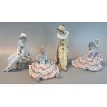 2 Lladro Spanish porcelain flamenco Spanish dancers together with 2 Nao porcelain clowns, 1 with a