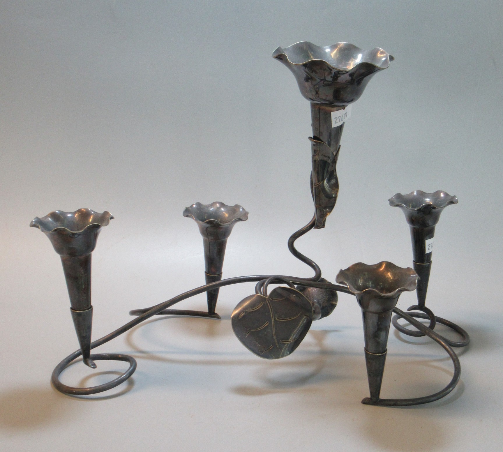 Art Nouveau silver plated 5 section table epergne with organic decoration, by Mappin and Web. (B.
