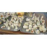 Two trays of miniature Crested ware to include: conch shells, vases, lighthouses, boat, ceremonial