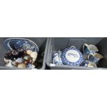 Two boxes of assorted China to include: Large 'Willow' pattern oval meat plate, copper lustred jugs,