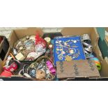 Box of assorted vintage and other jewellery, cuff links, brooches, watches, love-spoon clock,