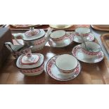 Late 19th century hand painted child's tea set, to include: 4 cups and saucers, teapot, sucrier