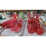 Two trays of 19th and 20th century cranberry glass to include: large late 19th century cranberry