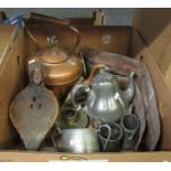 Box of assorted metalware: small bellows, large copper kettle, pewter teapot with seed head finial