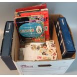 Box with all world selection of stamps in five albums, envelopes and packets plus two albums of