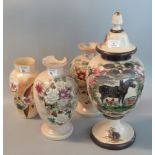 Victorian opaline glass garniture set comprising lidded vase and a pair of vases, the lidded vase