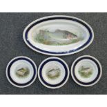 Six Wood & Sons plates decorated with different species of fish and a large oval fish serving plate,