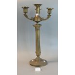 Gothic design brass three branch table candelabra with acanthus leaf decoration. (B.P. 21% + VAT)