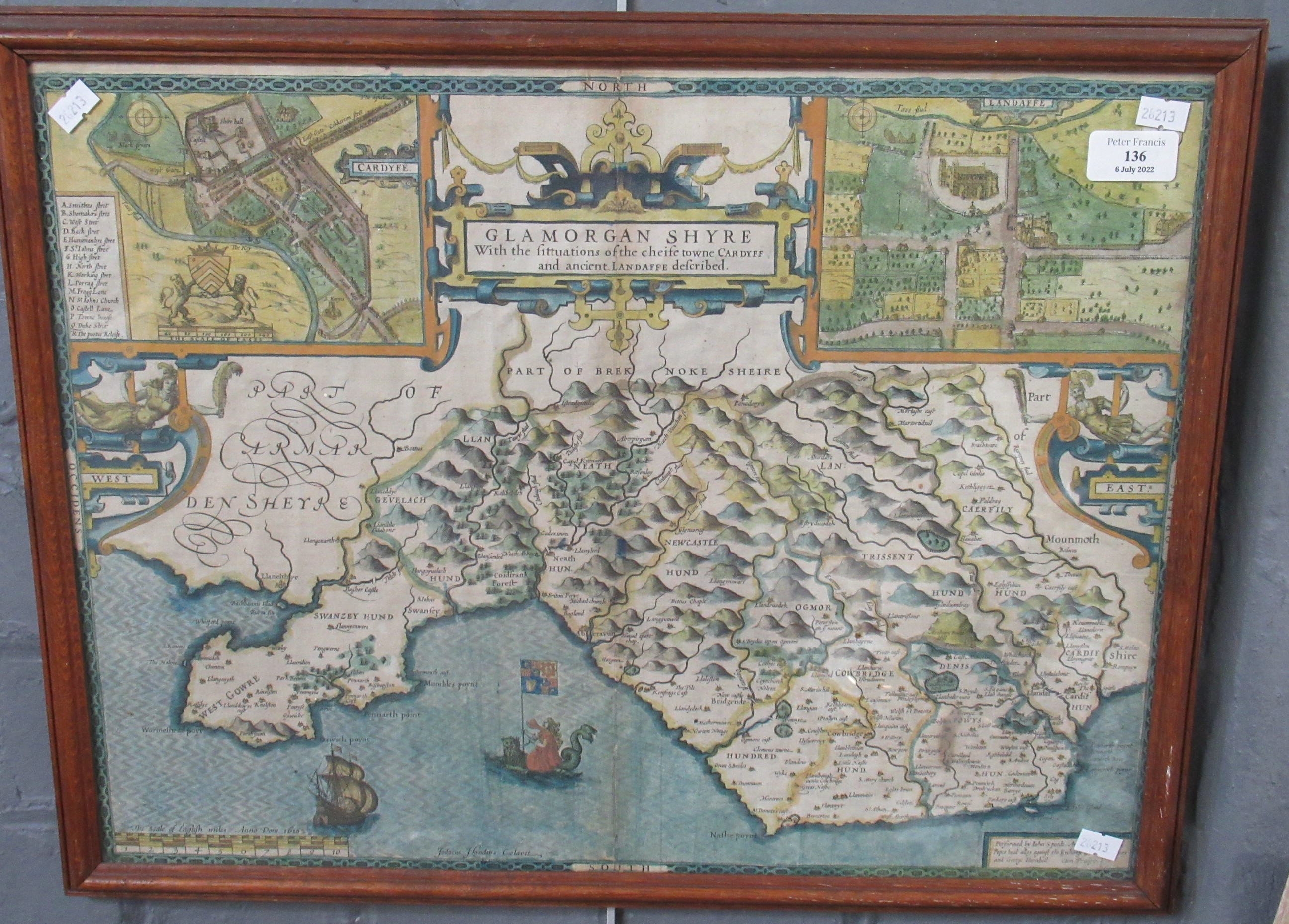 John Speede, original hand coloured map of 'Glamorgan Shyre', cropped, 39x51cm approx. framed. (B.P.