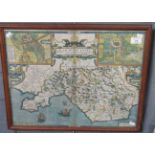 John Speede, original hand coloured map of 'Glamorgan Shyre', cropped, 39x51cm approx. framed. (B.P.