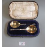 A pair of Victorian silver Apostle spoons, London hallmarks, initials E H in original box. 3.68 troy