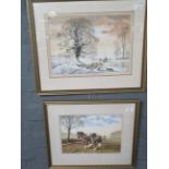 Edward Wilkins, winter scene with shepherd and flock, and another similar autumn ploughing scene,
