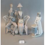 Lladro style figure group of a Victorian gent and lady sat on a bench, together with a Nao Spanish