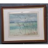 Mabel Young, river scene with distant mountain and reeds. Signed, watercolours. 28x36cm approx.