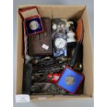 Box of oddments to include bottle openers, cash tin, costume jewellery, Edward VII Coronation medal,