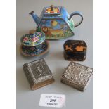 Collection of items to include Trade + Aid enamel miniature teapot decorated with lions, cloisonne