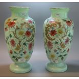 Pair of large Victorian opaline glass vases hand-painted with stylised flowers and foliage, 36 cm