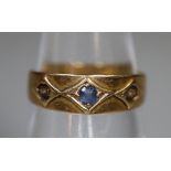 Small 19th century gold Celtic design dress ring set with 3 coloured stones. 1.7g approx size G (B.