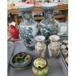 Tray of assorted items: two large Chinese vases decorated with Japanese figures in rich blues,