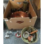 Box of assorted metalware, to include: large copper colander with brass handles and feet, silver