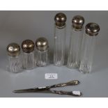 6 silver topped and glass ladies dressing table jars, together with silver handled glove
