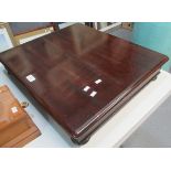 Large mahogany shallow document/writing box with hinged cover on squat bung feet. 57x48cm by 11cm