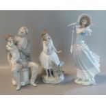 Three large Lladro Spanish figurines to include seated grandad and grandson, lady with flowers and