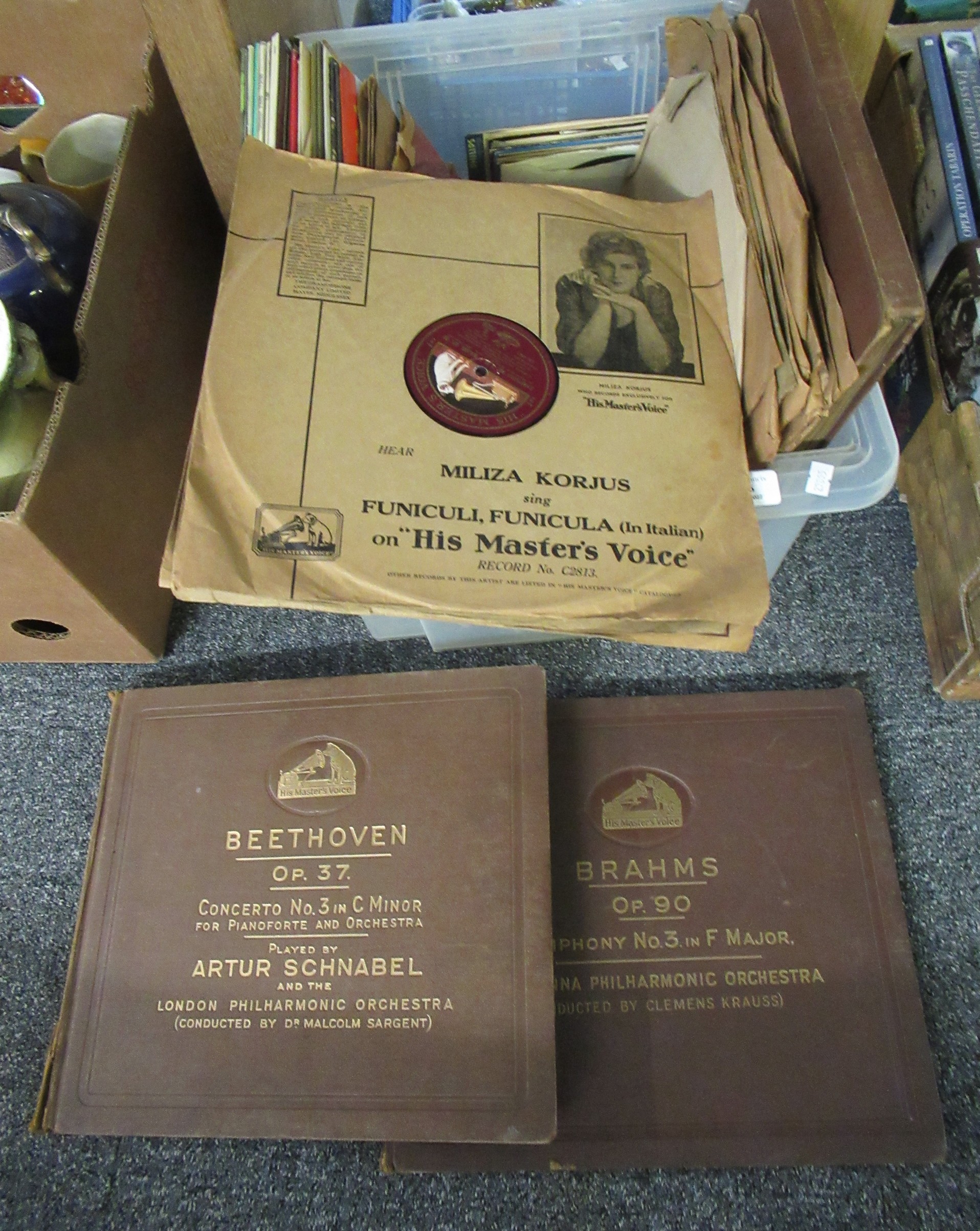 A box of vinyl LP and single 45rpm classical records to include: boxed sets of Beethoven 'Concerto