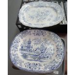 Four large blue and white meat plates, to include: Asiatic Pheasants, 2 Oriental design meat