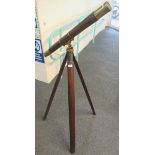 Late 19th early 20th century brass and leather telescope by W. Gregory London on teak tripod