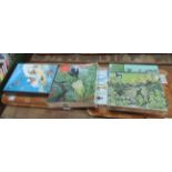 Two trays of jigsaw puzzles and a writing/calligraphy set. Jigsaw puzzles, to include: 'Lookout !'