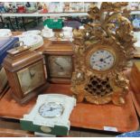 Tray with four mantel clocks, a pair of modern, oak cased Elliot clocks with Roman numerals and